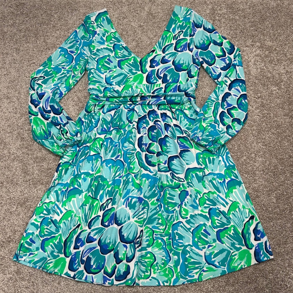 Lilly Pulitzer Fleur Dress Agate Green Lazy River Women Size Large Fit and Flare - Picture 9 of 9